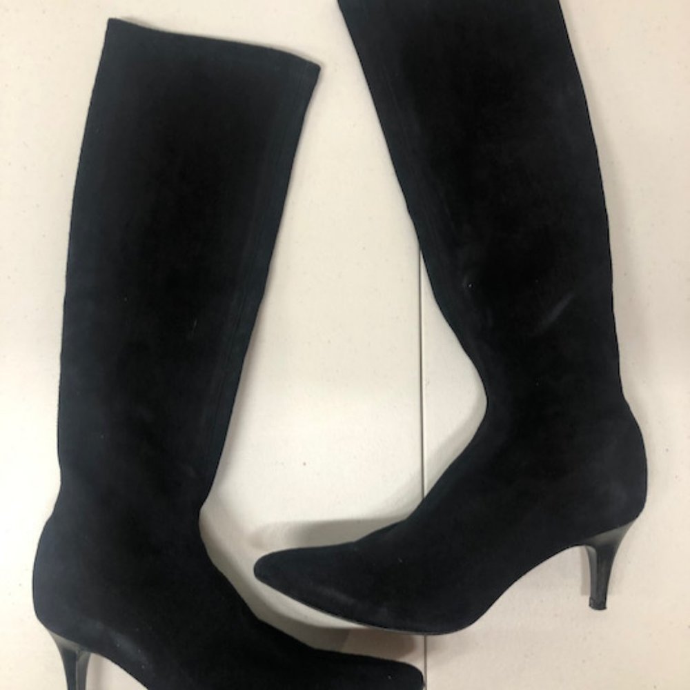 Delman Lilia Knee-high Stretch Boots in Black Suede, Size 8